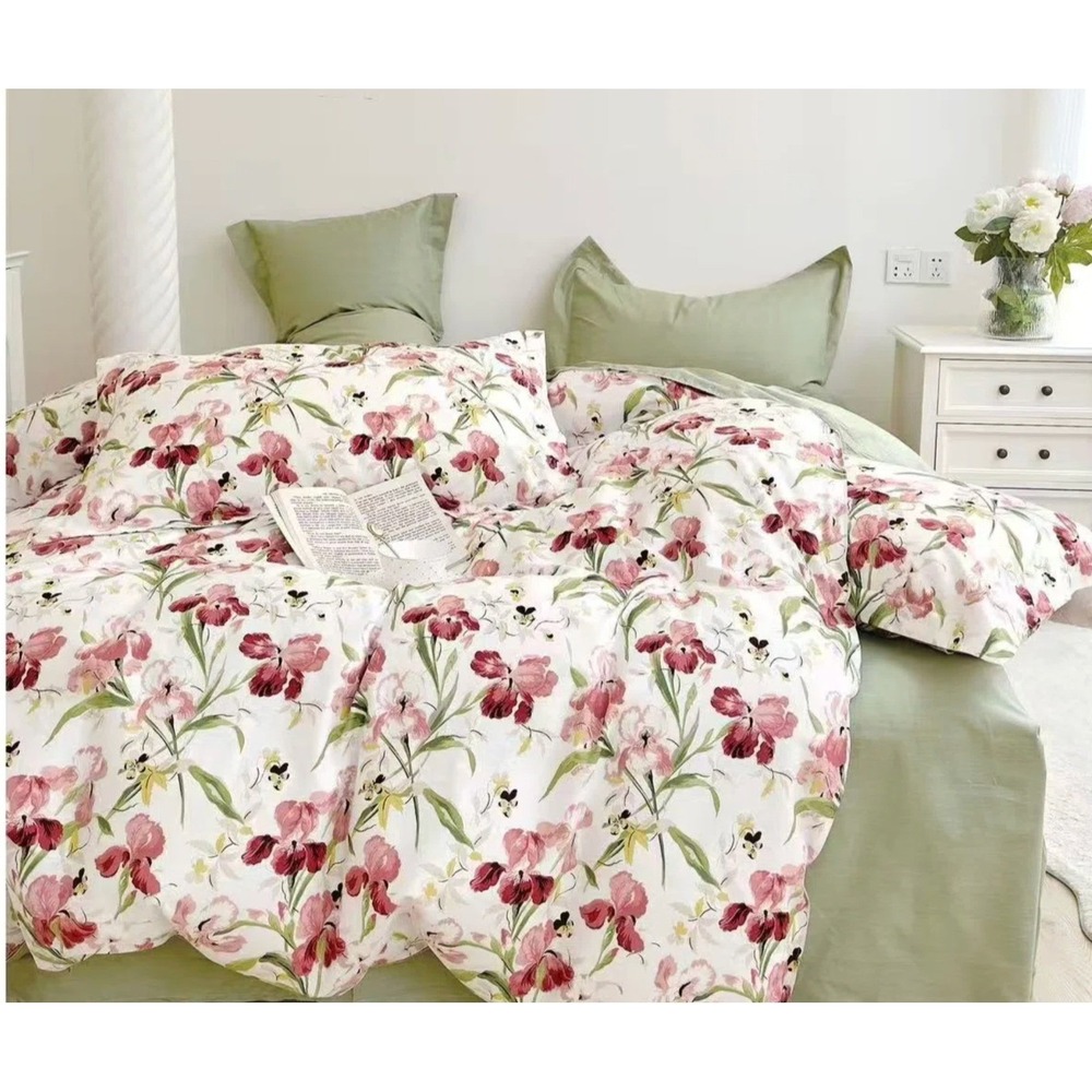 Ada Lucina Red Green 100% Cotton Comforter Reversible Comforter Set of 3 Queen